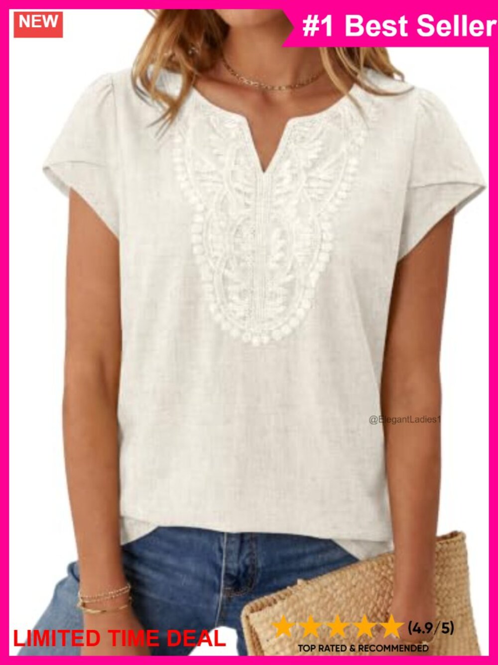 Linen Blend Cap Sleeve V-Neck Boho Blouse Lace Trim Casual Top